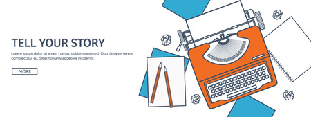 Vector illustration. Flat typewriter. Tell your story. Author. Blogging. Lined, outline.のイラスト素材