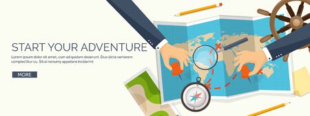 Travel and tourism. Flat style. World, earth map. Globe. Trip, tour,journey,summer holidays. Travelling, exploring worldwide. Adventure,expedition. Table,workplace. Traveler. Navigation or route planning.のイラスト素材
