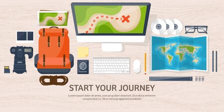 Travel and tourism. Flat style. World, earth map. Globe. Trip, tour, journey, summer holidays. Travelling,exploring worldwide. Adventure,expedition. Table, workplace. Traveler. Navigation or route planning. Wood, wooden.のイラスト素材