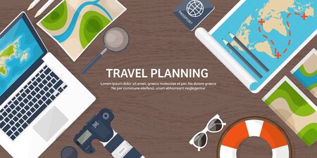 Travel and tourism. Flat style. World, earth map. Globe. Trip, tour, journey, summer holidays. Travelling,exploring worldwide. Adventure,expedition. Table, workplace. Traveler. Navigation or route planning. Wood, wooden.のイラスト素材