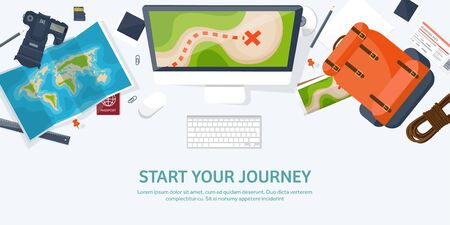 Travel and tourism. Flat style. World, earth map. Globe. Trip, tour,journey,summer holidays. Travelling, exploring worldwide. Adventure,expedition. Table,workplace. Traveler. Navigation or route planning.のイラスト素材
