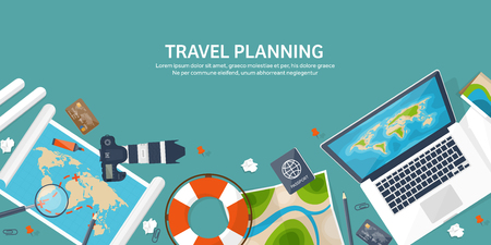 Travel and tourism. Flat style. World, earth map. Globe. Trip, tour,journey,summer holidays. Travelling, exploring worldwide. Adventure,expedition. Table,workplace. Traveler. Navigation or route planning.のイラスト素材