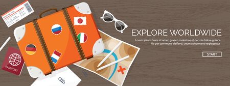 Travel and tourism. Flat style. World, earth map. Globe. Trip, tour, journey, summer holidays. Travelling,exploring worldwide. Adventure,expedition. Table, workplace. Traveler. Navigation or route planning. Wood, wooden.のイラスト素材