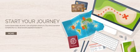 Travel and tourism. Flat style. World, earth map. Globe. Trip, tour, journey, summer holidays. Travelling,exploring worldwide. Adventure,expedition. Table, workplace. Traveler. Navigation or route planning. Wood, wooden.のイラスト素材