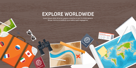 Travel and tourism. Flat style. World, earth map. Globe. Trip, tour, journey, summer holidays. Travelling,exploring worldwide. Adventure,expedition. Table, workplace. Traveler. Navigation or route planning. Wood, wooden.のイラスト素材