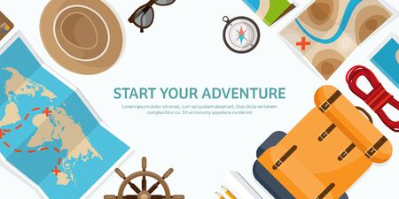 Travel and tourism. Flat style. World, earth map. Globe. Trip, tour,journey,summer holidays. Travelling, exploring worldwide. Adventure,expedition. Table,workplace. Traveler. Navigation or route planning.のイラスト素材