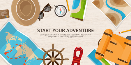 Travel and tourism. Flat style. World, earth map. Globe. Trip, tour, journey, summer holidays. Travelling,exploring worldwide. Adventure,expedition. Table, workplace. Traveler. Navigation or route planning. Wood, wooden.のイラスト素材