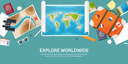 Travel and tourism. Flat style. World, earth map. Globe. Trip, tour,journey,summer holidays. Travelling, exploring worldwide. Adventure,expedition. Table,workplace. Traveler. Navigation or route planning.のイラスト素材