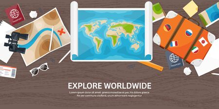 Travel and tourism. Flat style. World, earth map. Globe. Trip, tour, journey, summer holidays. Travelling,exploring worldwide. Adventure,expedition. Table, workplace. Traveler. Navigation or route planning. Wood, wooden.のイラスト素材