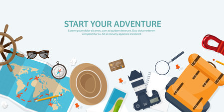 Travel and tourism. Flat style. World, earth map. Globe. Trip, tour,journey,summer holidays. Travelling, exploring worldwide. Adventure,expedition. Table,workplace. Traveler. Navigation or route planning.のイラスト素材