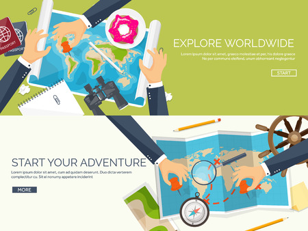 Travel and tourism. Flat style. World, earth map. Globe. Trip, tour,journey,summer holidays. Travelling, exploring worldwide. Adventure,expedition. Table,workplace. Traveler. Navigation or route planning.のイラスト素材