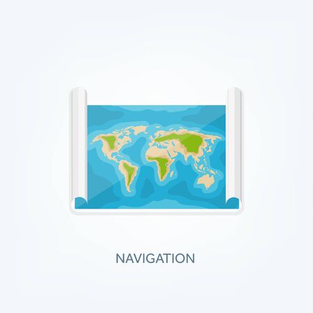 World map in a flat style. Earth, globe. Navigation. Route and destination. Icon.のイラスト素材