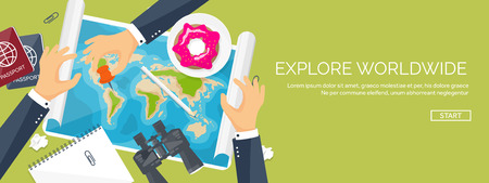 Travel and tourism. Flat style. World, earth map. Globe. Trip, tour,journey,summer holidays. Travelling, exploring worldwide. Adventure,expedition. Table,workplace. Traveler. Navigation or route planning.のイラスト素材