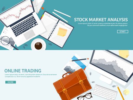 Vector illustration. Flat background. Market trade. Trading platform ,account. Moneymaking,business. Analysis. Investing. EPS10 format.のイラスト素材