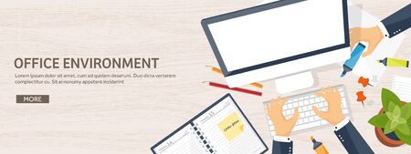 Workplace with table and computer. Computer,documents,papers,notepad,pencil. Paperwork. Office work,job. Workspace management. Creative design.のイラスト素材