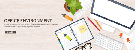 Workplace with table and computer. Computer,documents,papers,notepad,pencil. Paperwork. Office work,job. Workspace management. Creative design.のイラスト素材