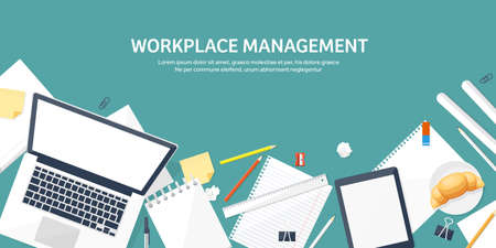 Workplace with table and computer. Computer,documents,papers,notepad,pencil. Paperwork. Office work,job. Workspace management. Creative design.のイラスト素材