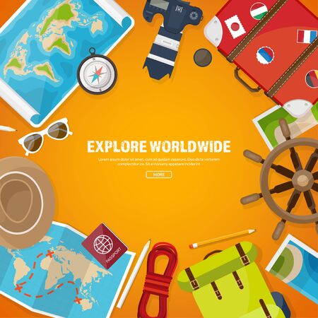 Travel and tourism. Flat style. World, earth map. Globe. Trip, tour, journey, summer holidays. Travelling,exploring worldwide. Adventure,expedition. Table, workplace. Traveler. Navigation or route planning. Wood, wooden.のイラスト素材