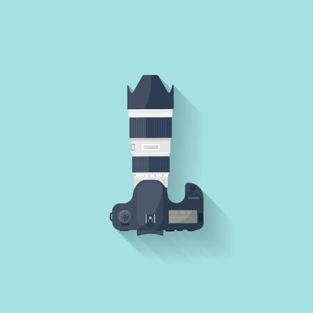 Photography. Photo camera in a flat style with lens. Photoshooting.Photographing equipment.Vector illustrationのイラスト素材