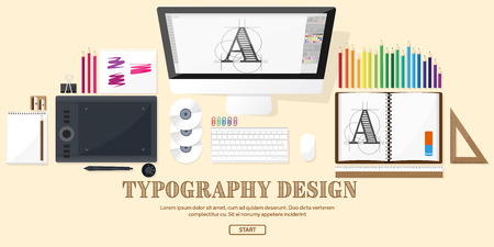 Graphic web design. Drawing and painting. Development. Illustration, sketching, freelance. User interface. UI. Computer, laptop.Typewritingのイラスト素材