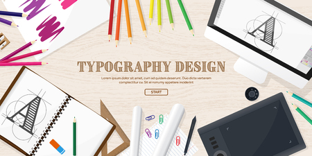 Graphic web design. Drawing and painting. Development. Illustration, sketching, freelance. User interface. UI. Computer, laptop.Typewritingのイラスト素材