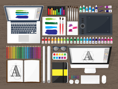Graphic web design. Drawing and painting. Development. Illustration, sketching, freelance. User interface. UI. Computer, laptop.Typewritingのイラスト素材