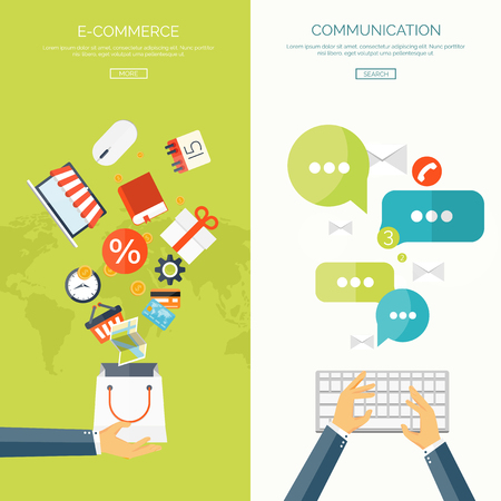Vector illustration. Flat backgrounds set. Social media, chatting. Global communication. Laptop, computer, loudspeaker. Emailing. Web chat, internet messages. Sms.のイラスト素材