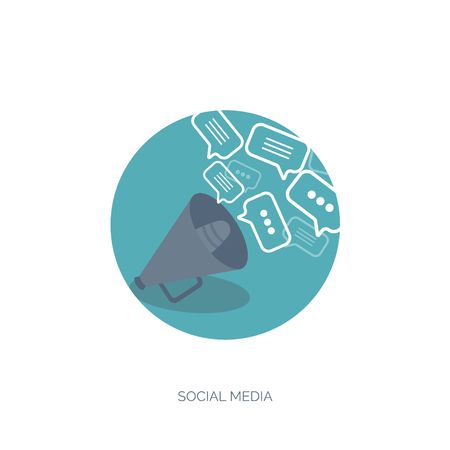 Vector illustration. Flat backgrounds set. Social media, chatting. Global communication. Laptop, computer, loudspeaker. Emailing. Web chat, internet messages. Sms.のイラスト素材