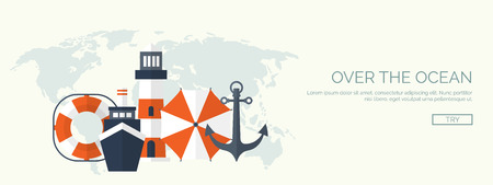 Flat travel background. Summer holidays, vacation. Plane, boat, car traveling. Tourism, trip, journey.のイラスト素材