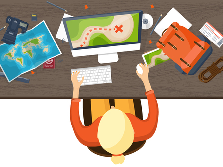 Travel and tourism. Flat style. World, earth map. Globe. Trip, tour, journey, summer holidays. Travelling,exploring worldwide. Adventure,expedition. Table, workplace. Traveler. Navigation.のイラスト素材