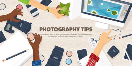 Photographer equipment on a table. Photography tools, photo editing, photoshooting flat background....