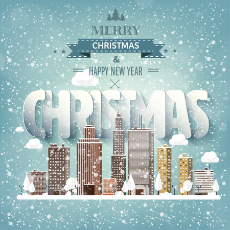 Vector illustration. Winter urban landscape. City with snow. Christmas and new year. Cityscape. Buildings.のイラスト素材