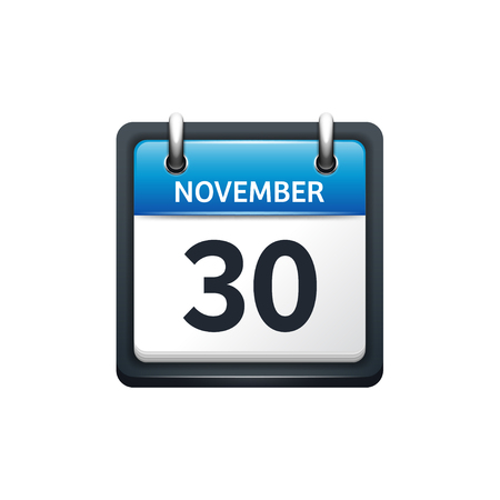 November 30. Calendar icon.Vector illustration,flat style.Month and date.Sunday,Monday,Tuesday,Wednesday,Thursday,Friday,Saturday.Week,weekend,red letter day. 2017,2018 year.Holidays.のイラスト素材