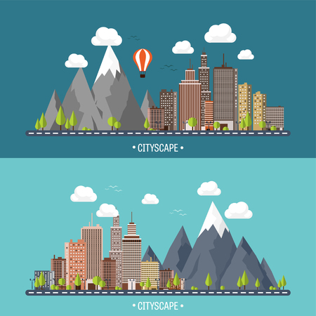 City in summer. Urban landscape with mountains. Town. Mountain peak,snow. House in village. Weather.のイラスト素材