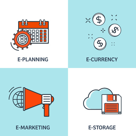 Vector illustration. Set of flat backgrounds with lined borders. Internet browsing, e-currency. Web surfing, global communication. Storage, database. Marketing.のイラスト素材