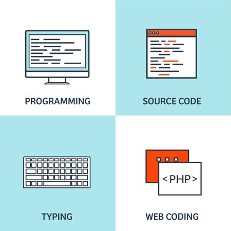 Vector illustration. Flat background. Coding, programming. SEO. Search engine optimization. App development, creation. Software, program code. Web design.のイラスト素材