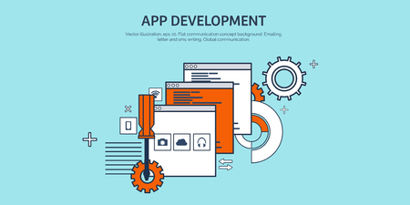 Vector illustration. Flat background. Coding, programming. SEO. Search engine optimization. App development, creation. Software, program code. Web design.のイラスト素材