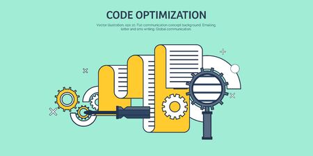 Vector illustration. Flat background. Coding, programming. SEO. Search engine optimization. App development, creation. Software, program code. Web design.のイラスト素材