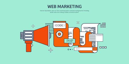 Vector illustration. Flat background. Coding, programming. SEO. Search engine optimization. App development, creation. Software, program code. Web design.のイラスト素材