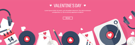 Valentines Day. Workplace with table. Design Equipment. Drawing on paper. Handmade love card. Typewriting. Greeting. February 14.のイラスト素材