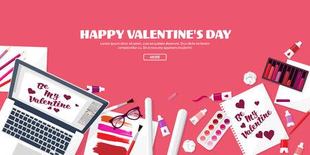 Valentines Day. Workplace with table. Design Equipment. Drawing on paper. Handmade love card. Typewriting. Greeting. February 14.のイラスト素材