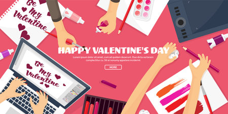 Valentines Day. Workplace with table. Design Equipment. Drawing on paper. Handmade love card. Typewriting. Greeting. February 14.のイラスト素材