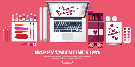 Valentines Day. Workplace with table. Design Equipment. Drawing on paper. Handmade love card. Typewriting. Greeting. February 14.のイラスト素材