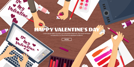 Flat background with paper, envelope. Love, hearts. Valentines day. Be my valentine. 14 february.Vector illustration.のイラスト素材