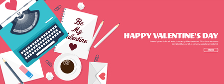 Flat background with typewriter. Love, hearts. Valentines day. Be my valentine. 14 february.Vector illustration. Holidays.のイラスト素材
