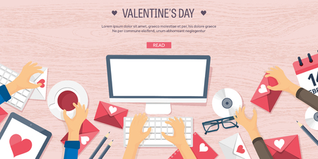 Flat background with paper, envelope. Love, hearts. Valentines day. Be my valentine. 14 february.Vector illustration.のイラスト素材