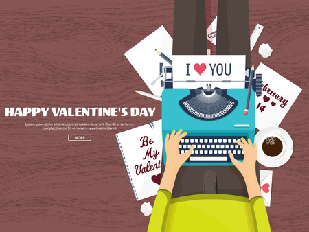 Flat background with typewriter. Love, hearts. Valentines day. Be my valentine. 14 february.Vector illustration. Holidays.のイラスト素材