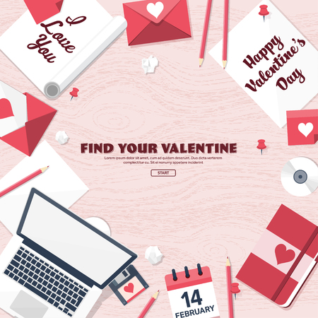 Flat background with paper, envelope. Love, hearts. Valentines day. Be my valentine. 14 february.Vector illustration.のイラスト素材