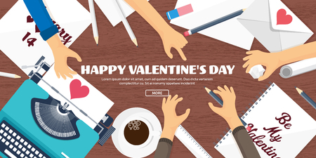 Flat background with typewriter. Love, hearts. Valentines day. Be my valentine. 14 february.Vector illustration. Holidays.のイラスト素材