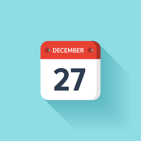 December 27. Isometric Calendar Icon With Shadow.Vector Illustration,Flat Style.Month and Date.Sunday,Monday,Tuesday,Wednesday,Thursday,Friday,Saturday.Week,Weekend,Red Letter Day. Holidays 2017.のイラスト素材